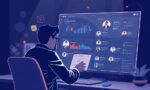 A dynamic illustration of a user efficiently managing professional connections on a digital platform, with AI-powered analysis highlights and categorized profiles visible on a sleek interface --ar 16:9