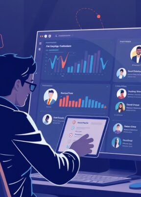 A dynamic illustration of a user efficiently managing professional connections on a digital platform, with AI-powered analysis highlights and categorized profiles visible on a sleek interface --ar 16:9