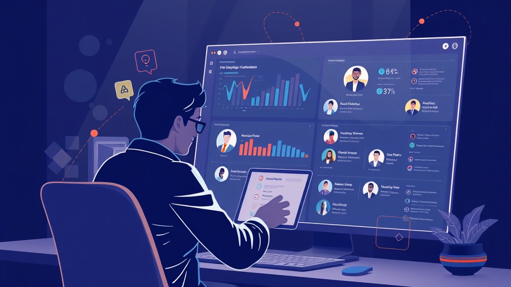 A dynamic illustration of a user efficiently managing professional connections on a digital platform, with AI-powered analysis highlights and categorized profiles visible on a sleek interface --ar 16:9