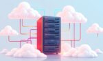 A dynamic illustration of a stack of server hardware connected to clouds with colorful lines, symbolizing the setup of a remote virtual private server hosting multiple AI and automation tools --ar 16:9