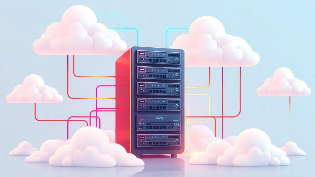 A dynamic illustration of a stack of server hardware connected to clouds with colorful lines, symbolizing the setup of a remote virtual private server hosting multiple AI and automation tools --ar 16:9