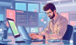 A dynamic illustration of a professional crafting targeted social media posts on a futuristic digital workspace, emphasizing clear messaging and customer-focused content --ar 16:9