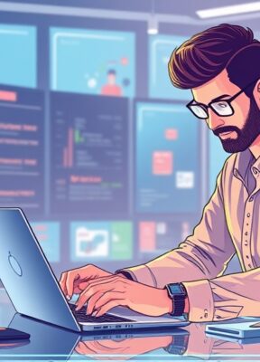 A dynamic illustration of a professional crafting targeted social media posts on a futuristic digital workspace, emphasizing clear messaging and customer-focused content --ar 16:9