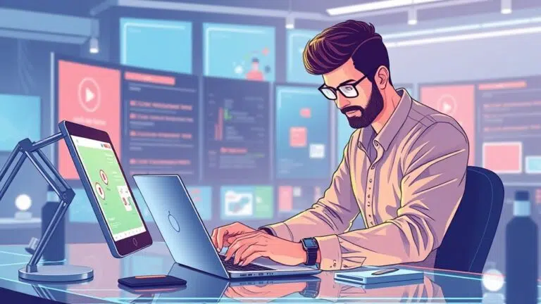 A dynamic illustration of a professional crafting targeted social media posts on a futuristic digital workspace, emphasizing clear messaging and customer-focused content --ar 16:9