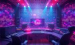 A dynamic illustration of a futuristic digital studio producing music with colorful sound waves and neural network patterns around a central screen --ar 16:9