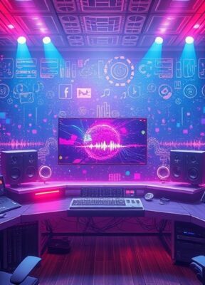 A dynamic illustration of a futuristic digital studio producing music with colorful sound waves and neural network patterns around a central screen --ar 16:9