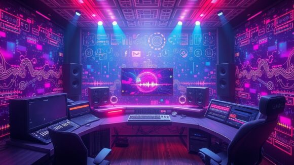 A dynamic illustration of a futuristic digital studio producing music with colorful sound waves and neural network patterns around a central screen --ar 16:9