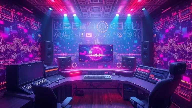 A dynamic illustration of a futuristic digital studio producing music with colorful sound waves and neural network patterns around a central screen --ar 16:9