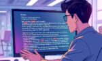 A dynamic illustration of a person reviewing a text on a digital screen, with visible corrections and suggestions highlighting the transformation from robotic to natural language, set in a bright, futuristic workspace with vibrant colors --ar 16:9