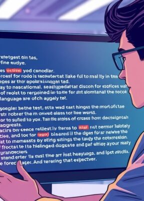 A dynamic illustration of a person reviewing a text on a digital screen, with visible corrections and suggestions highlighting the transformation from robotic to natural language, set in a bright, futuristic workspace with vibrant colors --ar 16:9
