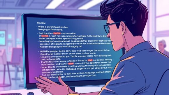 A dynamic illustration of a person reviewing a text on a digital screen, with visible corrections and suggestions highlighting the transformation from robotic to natural language, set in a bright, futuristic workspace with vibrant colors --ar 16:9