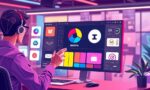 A dynamic illustration of a creative professional interacting with a sleek AI-powered design interface, generating logos, color palettes, and branding items for a new brand launch, set against a vibrant futuristic workspace --ar 16:9