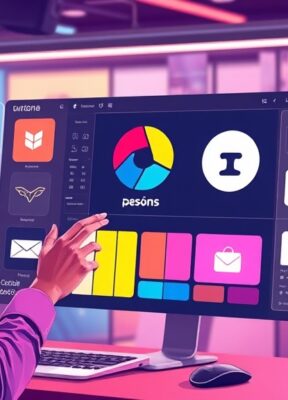 A dynamic illustration of a creative professional interacting with a sleek AI-powered design interface, generating logos, color palettes, and branding items for a new brand launch, set against a vibrant futuristic workspace --ar 16:9