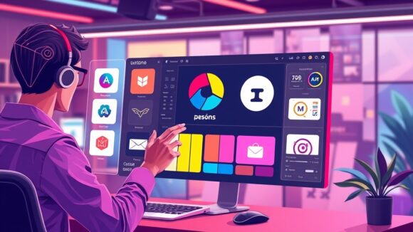 A dynamic illustration of a creative professional interacting with a sleek AI-powered design interface, generating logos, color palettes, and branding items for a new brand launch, set against a vibrant futuristic workspace --ar 16:9