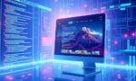 A dynamic illustration of a coding environment where AI generates vibrant images and videos, seamlessly integrating into a website layout on a screen with futuristic UI elements --ar 16:9