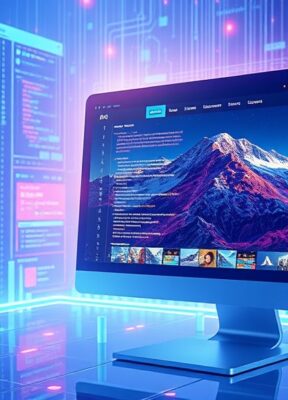 A dynamic illustration of a coding environment where AI generates vibrant images and videos, seamlessly integrating into a website layout on a screen with futuristic UI elements --ar 16:9