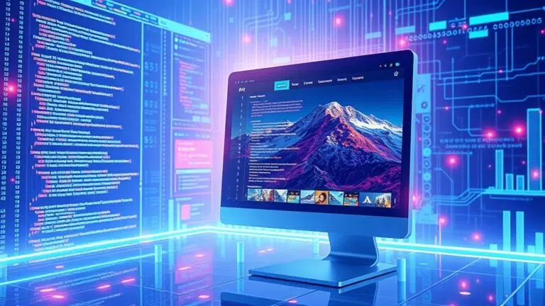 A dynamic illustration of a coding environment where AI generates vibrant images and videos, seamlessly integrating into a website layout on a screen with futuristic UI elements --ar 16:9