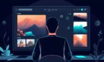 A dynamic illustration of a developer using a sleek, dark mode interface with turquoise accents to create and arrange AI-generated images freely on a digital moodboard canvas with drag and drop features.