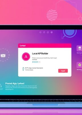 A dynamic illustration of a user on their laptop installing a local AI app builder software, showing download progress bars and system prompts in a modern, colorful interface --ar 16:9