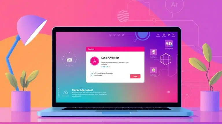 A dynamic illustration of a user on their laptop installing a local AI app builder software, showing download progress bars and system prompts in a modern, colorful interface --ar 16:9