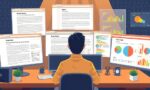 A dynamic illustration of a person sitting at a desk with multiple browser windows open showing text-heavy event pages, while an AI assistant interface analyzes and structures the content with colorful topic tags and charts in the background --ar 16:9