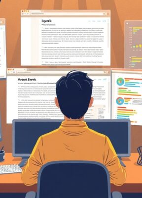 A dynamic illustration of a person sitting at a desk with multiple browser windows open showing text-heavy event pages, while an AI assistant interface analyzes and structures the content with colorful topic tags and charts in the background --ar 16:9