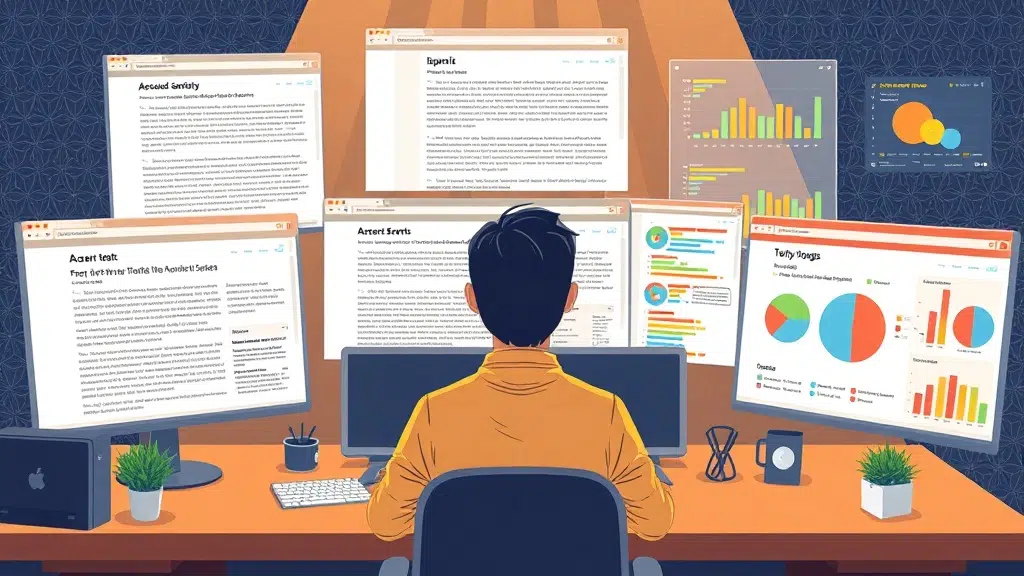 A dynamic illustration of a person sitting at a desk with multiple browser windows open showing text-heavy event pages, while an AI assistant interface analyzes and structures the content with colorful topic tags and charts in the background --ar 16:9