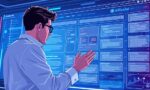 A dynamic illustration of a user analyzing a detailed website structure on a futuristic digital interface, with clear segments and data blocks representing different webpage sections --ar 16:9