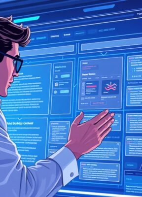 A dynamic illustration of a user analyzing a detailed website structure on a futuristic digital interface, with clear segments and data blocks representing different webpage sections --ar 16:9