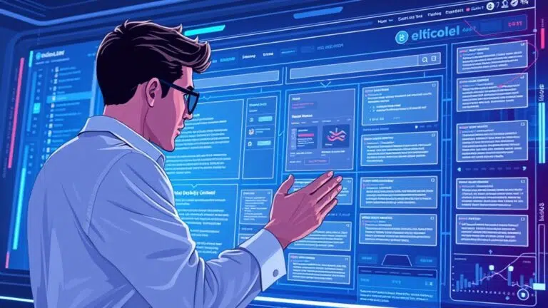 A dynamic illustration of a user analyzing a detailed website structure on a futuristic digital interface, with clear segments and data blocks representing different webpage sections --ar 16:9