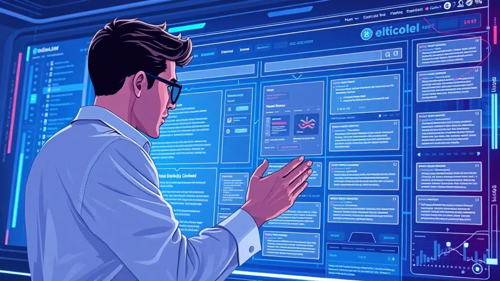 A dynamic illustration of a user analyzing a detailed website structure on a futuristic digital interface, with clear segments and data blocks representing different webpage sections --ar 16:9