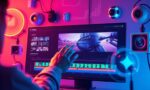 A dynamic illustration of a user interacting with an intuitive video editing interface, showcasing a video timeline with highlighted segments being AI-enhanced, surrounded by futuristic digital tools in vibrant colors --ar 16:9
