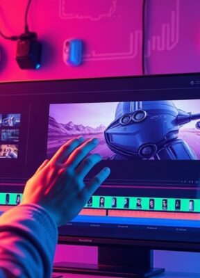 A dynamic illustration of a user interacting with an intuitive video editing interface, showcasing a video timeline with highlighted segments being AI-enhanced, surrounded by futuristic digital tools in vibrant colors --ar 16:9