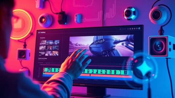A dynamic illustration of a user interacting with an intuitive video editing interface, showcasing a video timeline with highlighted segments being AI-enhanced, surrounded by futuristic digital tools in vibrant colors --ar 16:9