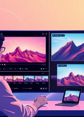 A dynamic illustration of a user interacting with a futuristic video editing interface combining video clips and presentation slides seamlessly, depicted with vibrant colors and minimalist design --ar 16:9