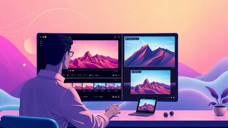 A dynamic illustration of a user interacting with a futuristic video editing interface combining video clips and presentation slides seamlessly, depicted with vibrant colors and minimalist design --ar 16:9
