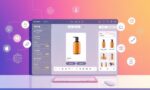 A dynamic illustration of a sleek digital workspace showing a user uploading a product photo into an intuitive AI-powered workflow interface, surrounded by icons representing image editing and social media sharing --ar 16:9