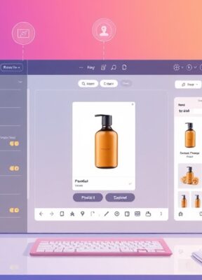 A dynamic illustration of a sleek digital workspace showing a user uploading a product photo into an intuitive AI-powered workflow interface, surrounded by icons representing image editing and social media sharing --ar 16:9
