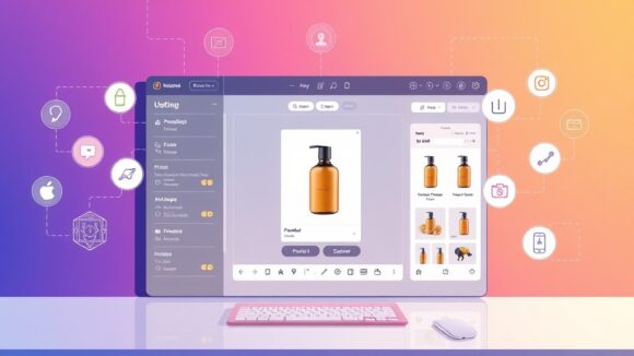 A dynamic illustration of a sleek digital workspace showing a user uploading a product photo into an intuitive AI-powered workflow interface, surrounded by icons representing image editing and social media sharing --ar 16:9