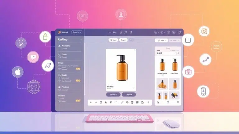 A dynamic illustration of a sleek digital workspace showing a user uploading a product photo into an intuitive AI-powered workflow interface, surrounded by icons representing image editing and social media sharing --ar 16:9