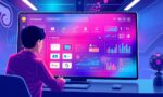 A dynamic illustration of a user interacting with a sleek, colorful dashboard for app creation, displaying drag-and-drop components and AI features in a futuristic workspace --ar 16:9