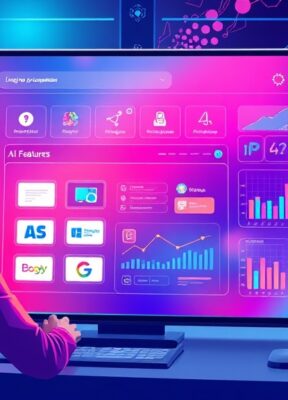 A dynamic illustration of a user interacting with a sleek, colorful dashboard for app creation, displaying drag-and-drop components and AI features in a futuristic workspace --ar 16:9