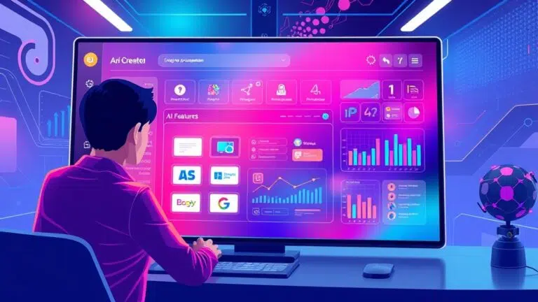 A dynamic illustration of a user interacting with a sleek, colorful dashboard for app creation, displaying drag-and-drop components and AI features in a futuristic workspace --ar 16:9
