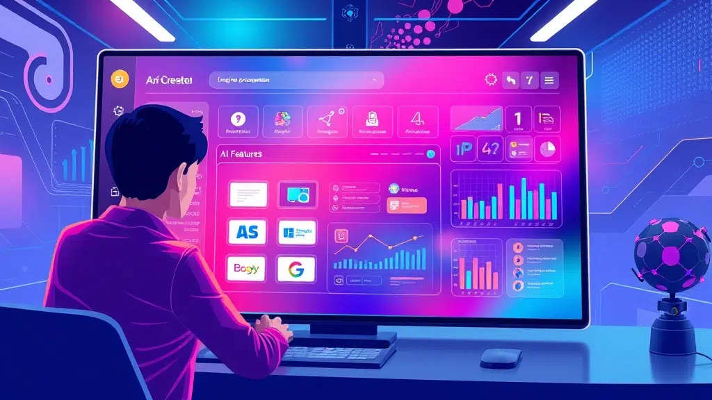 A dynamic illustration of a user interacting with a sleek, colorful dashboard for app creation, displaying drag-and-drop components and AI features in a futuristic workspace --ar 16:9