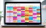 A dynamic illustration of a colorful spreadsheet interface on a laptop screen with cells dynamically filling with AI-generated creative social media texts and headlines, showcasing seamless content automation in a modern digital workspace --ar 16:9