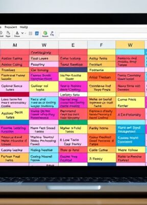 A dynamic illustration of a colorful spreadsheet interface on a laptop screen with cells dynamically filling with AI-generated creative social media texts and headlines, showcasing seamless content automation in a modern digital workspace --ar 16:9