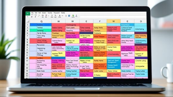 A dynamic illustration of a colorful spreadsheet interface on a laptop screen with cells dynamically filling with AI-generated creative social media texts and headlines, showcasing seamless content automation in a modern digital workspace --ar 16:9