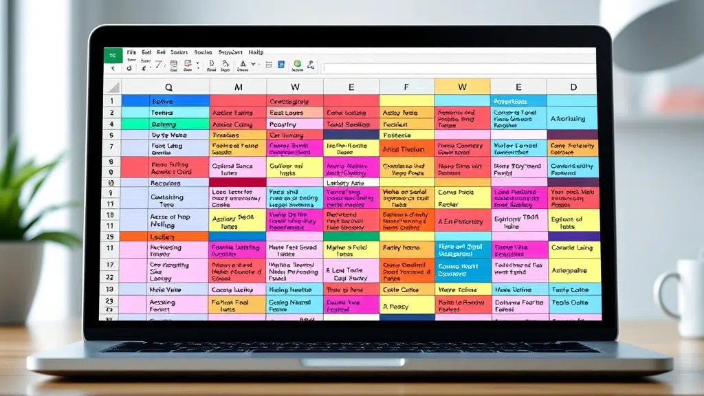 A dynamic illustration of a colorful spreadsheet interface on a laptop screen with cells dynamically filling with AI-generated creative social media texts and headlines, showcasing seamless content automation in a modern digital workspace --ar 16:9