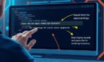 A dynamic illustration of a user engaging with a sleek AI interface that shows a prompt being optimized, with arrows and highlights emphasizing clarity and precision improvements in the text --ar 16:9