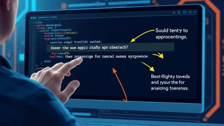 A dynamic illustration of a user engaging with a sleek AI interface that shows a prompt being optimized, with arrows and highlights emphasizing clarity and precision improvements in the text --ar 16:9